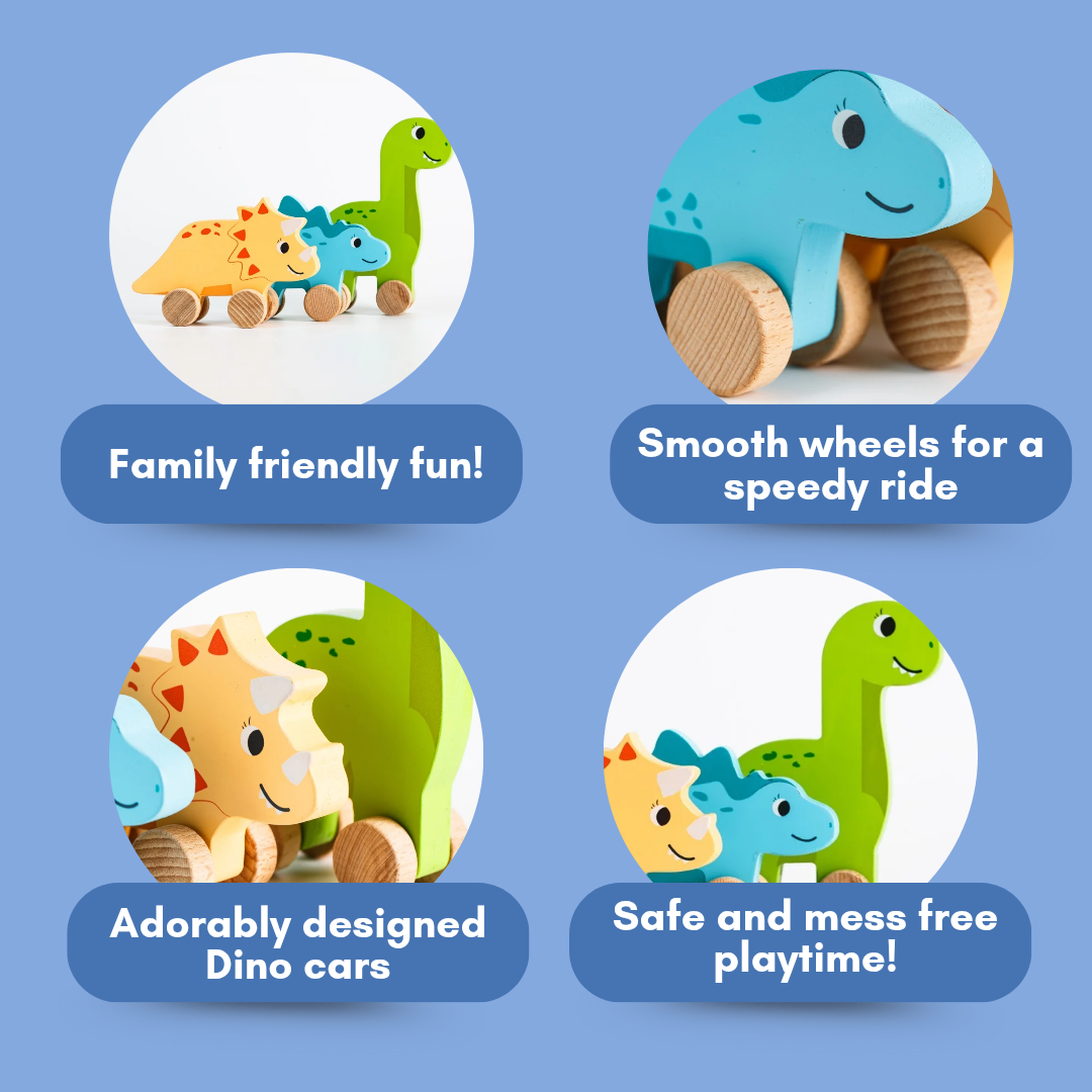 Cots and Cuddles Wooden Dino with Wheels Toy for Kids (Pack of 3)
