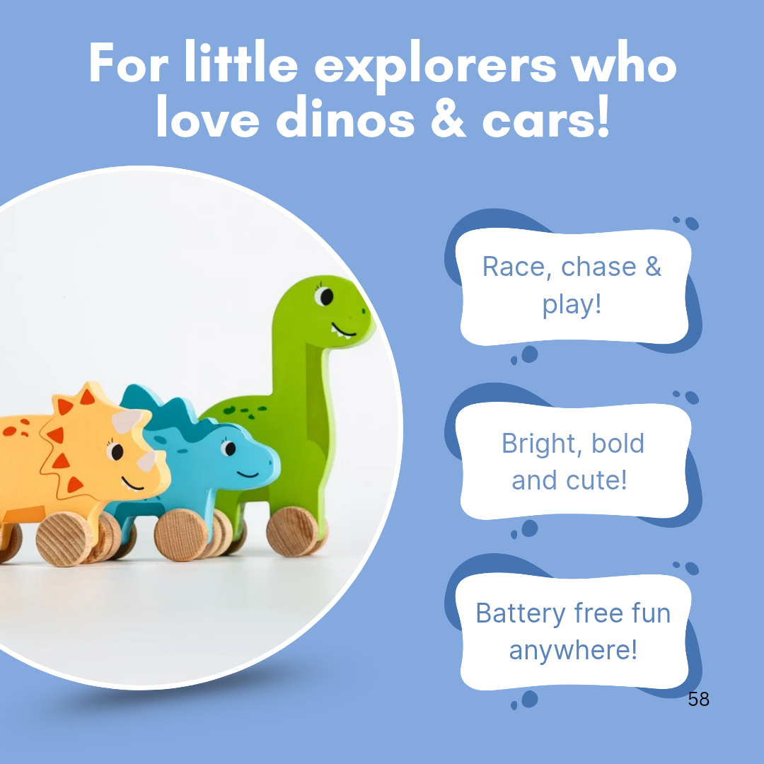 Cots and Cuddles Wooden Dino with Wheels Toy for Kids (Pack of 3)