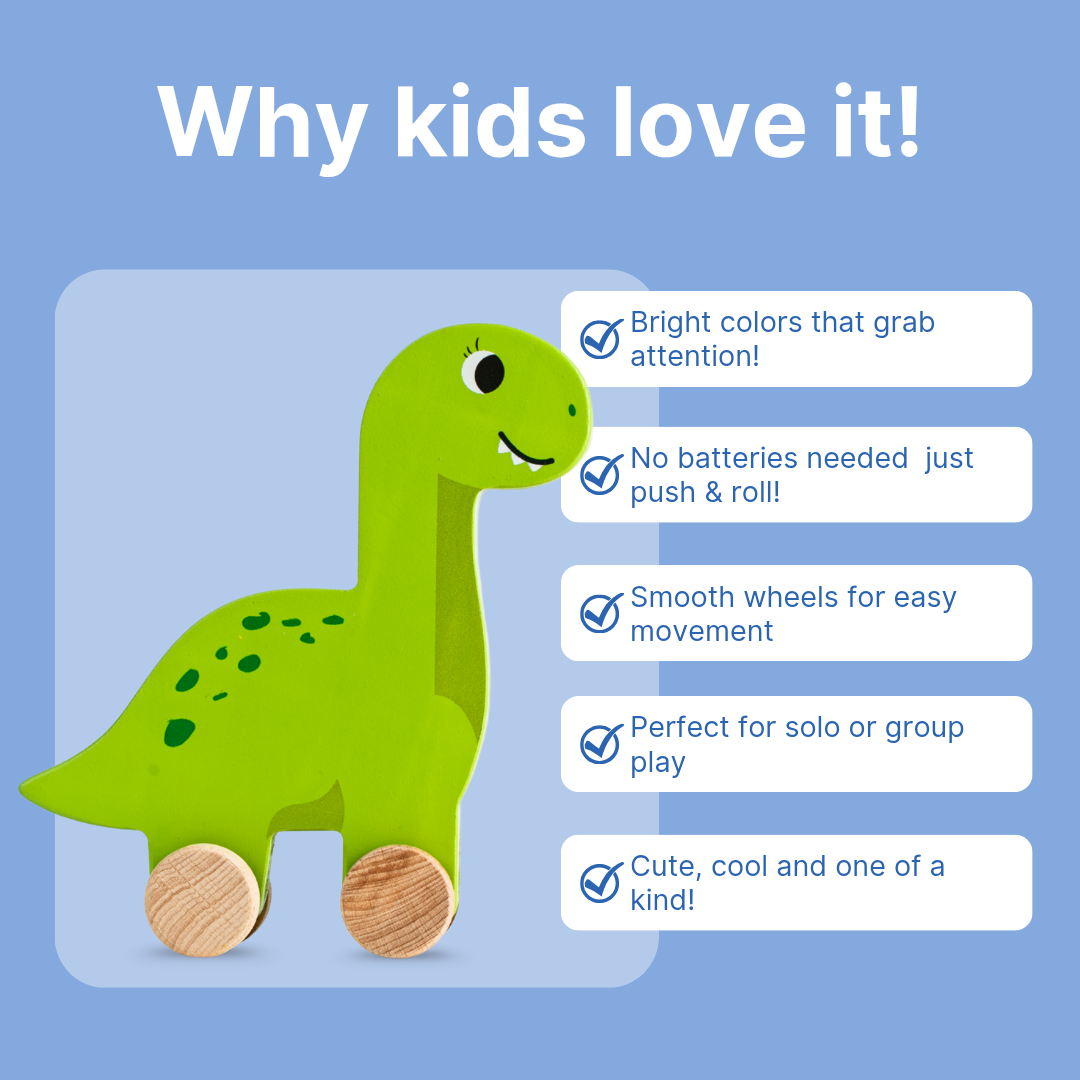 Cots and Cuddles Wooden Dino with Wheels Toy for Kids (Pack of 3)