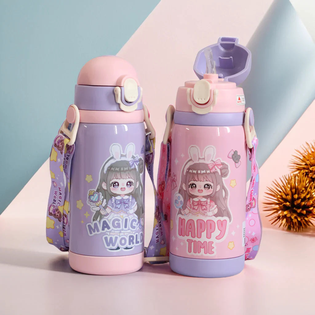 Double Cap Girl Design Stainless Steel Water Bottle - 450ml