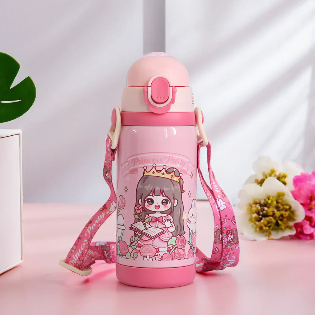 Double Cap Girl Design Stainless Steel Water Bottle - 450ml
