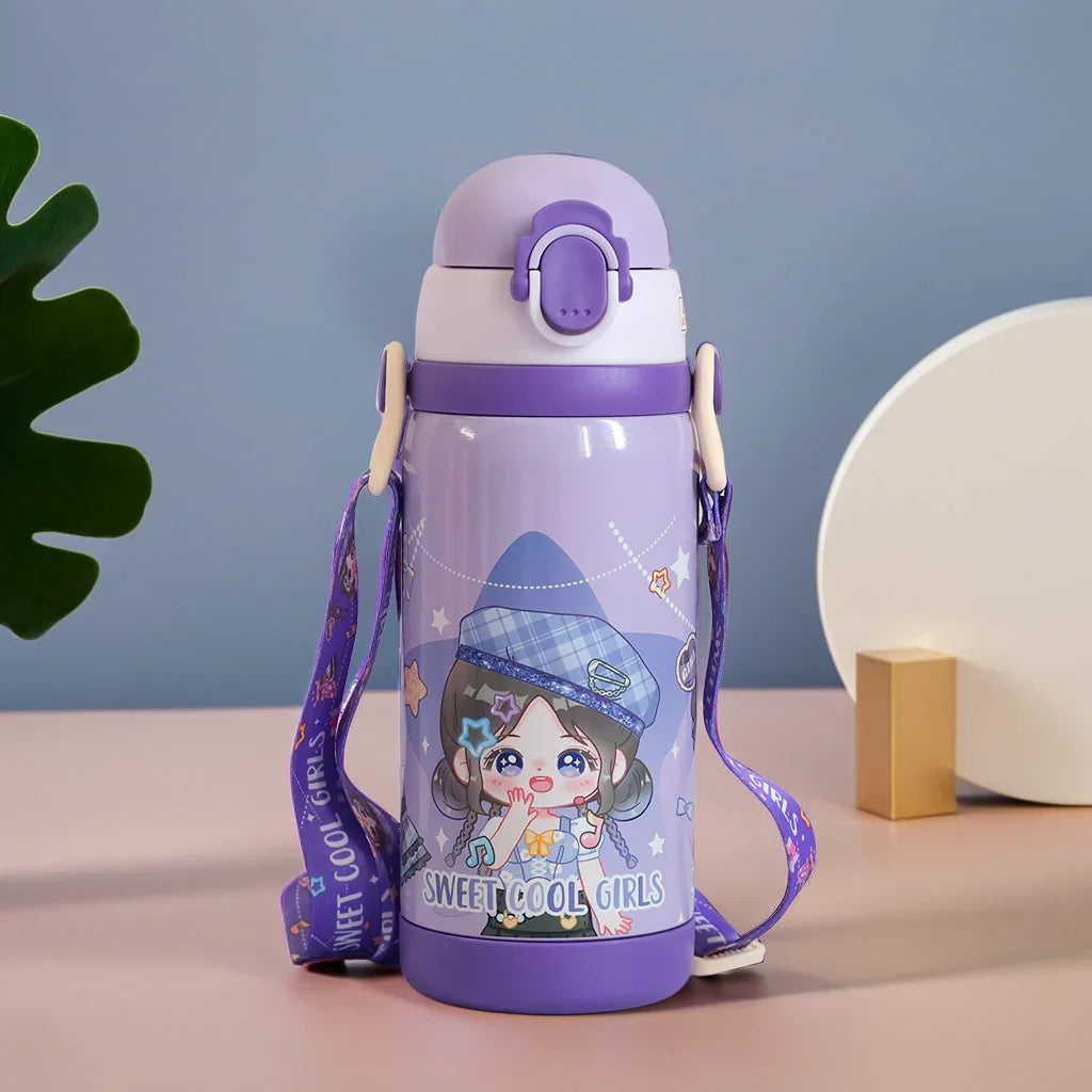 Double Cap Girl Design Stainless Steel Water Bottle - 450ml