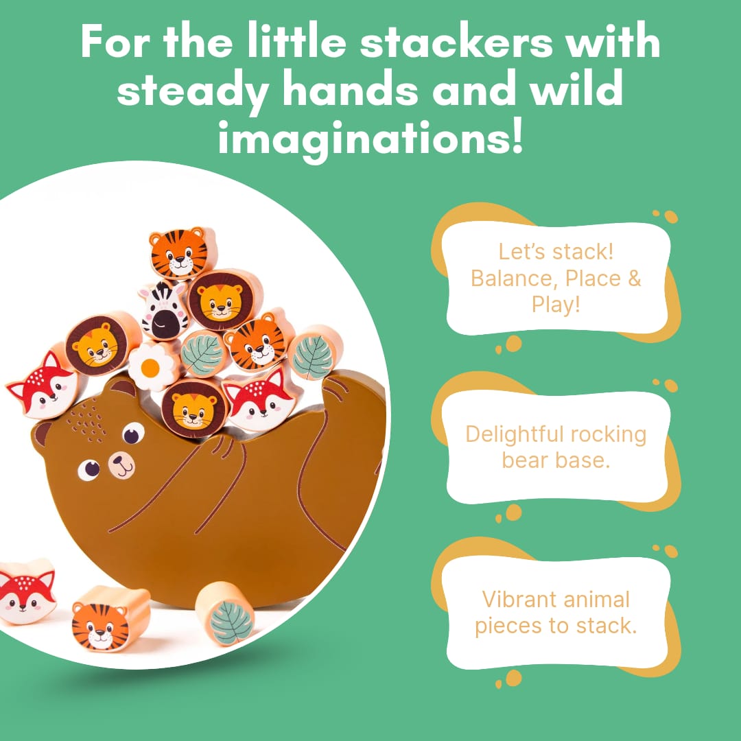 Cots and Cuddles Wooden Animals on Bear Balancing Toy for kids 3+