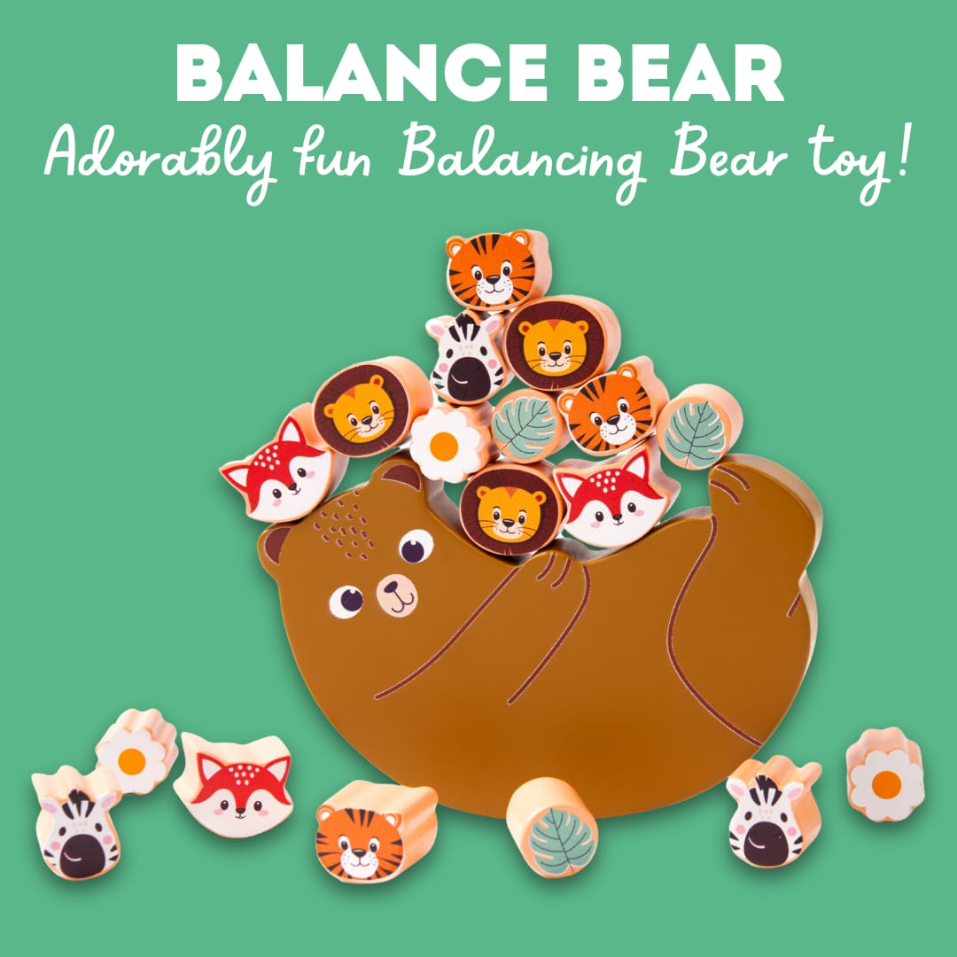 Cots and Cuddles Wooden Animals on Bear Balancing Toy for kids 3+