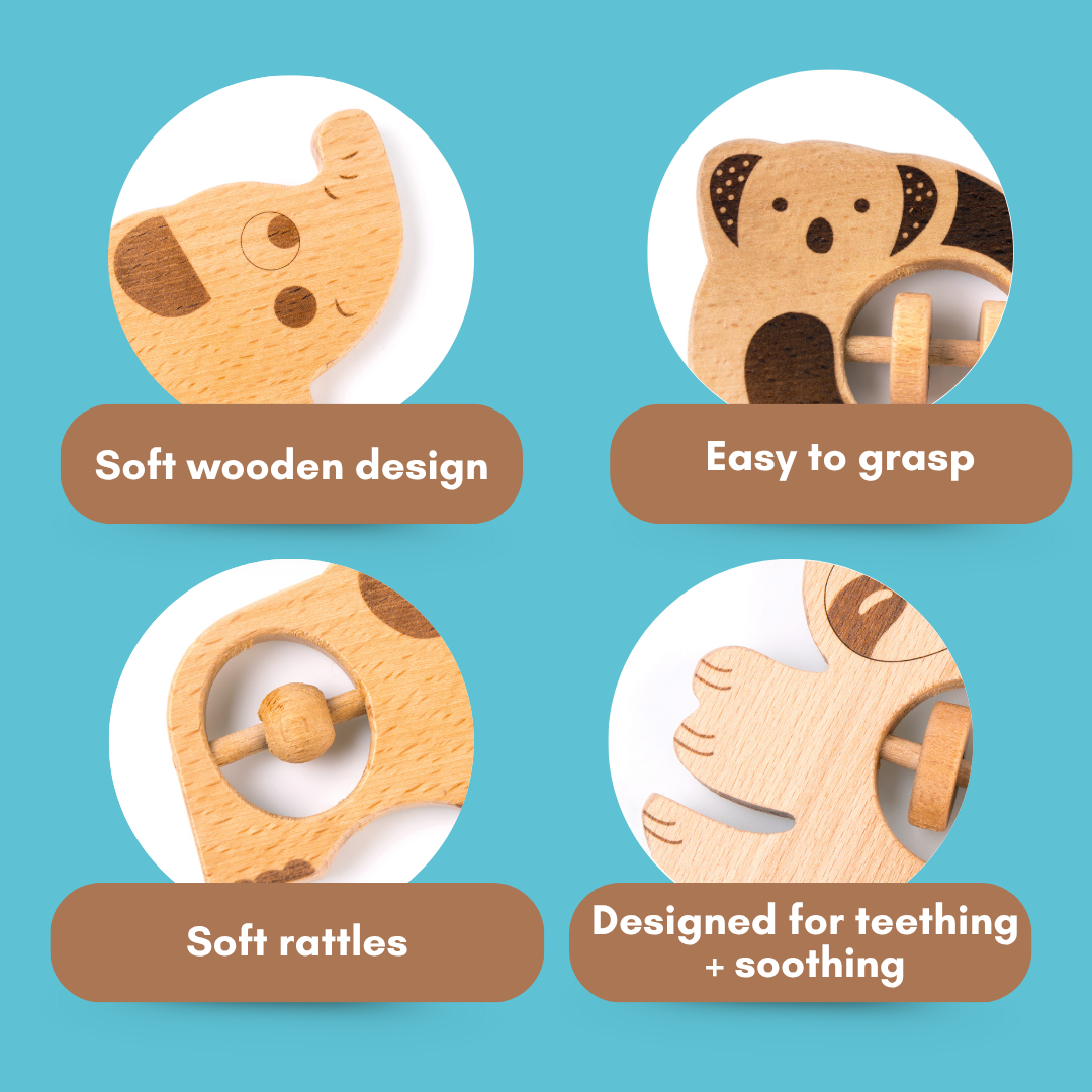 Cots and Cuddles Wooden Animal Rattle Toy for Babies & Newborns (1pc)