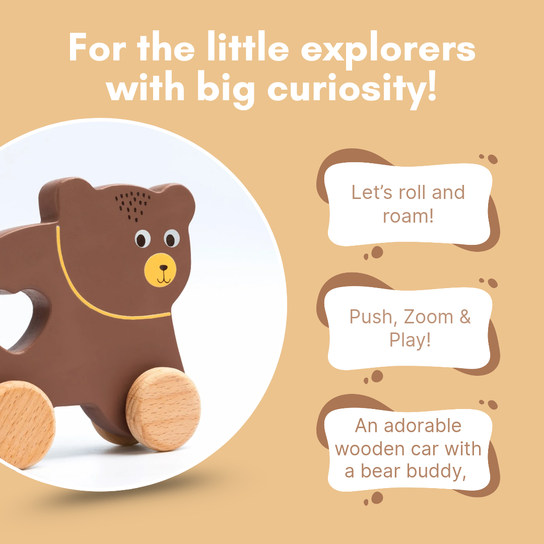 Cots and Cuddles Wooden Bear with Wheels Toy for Kids Age 1+