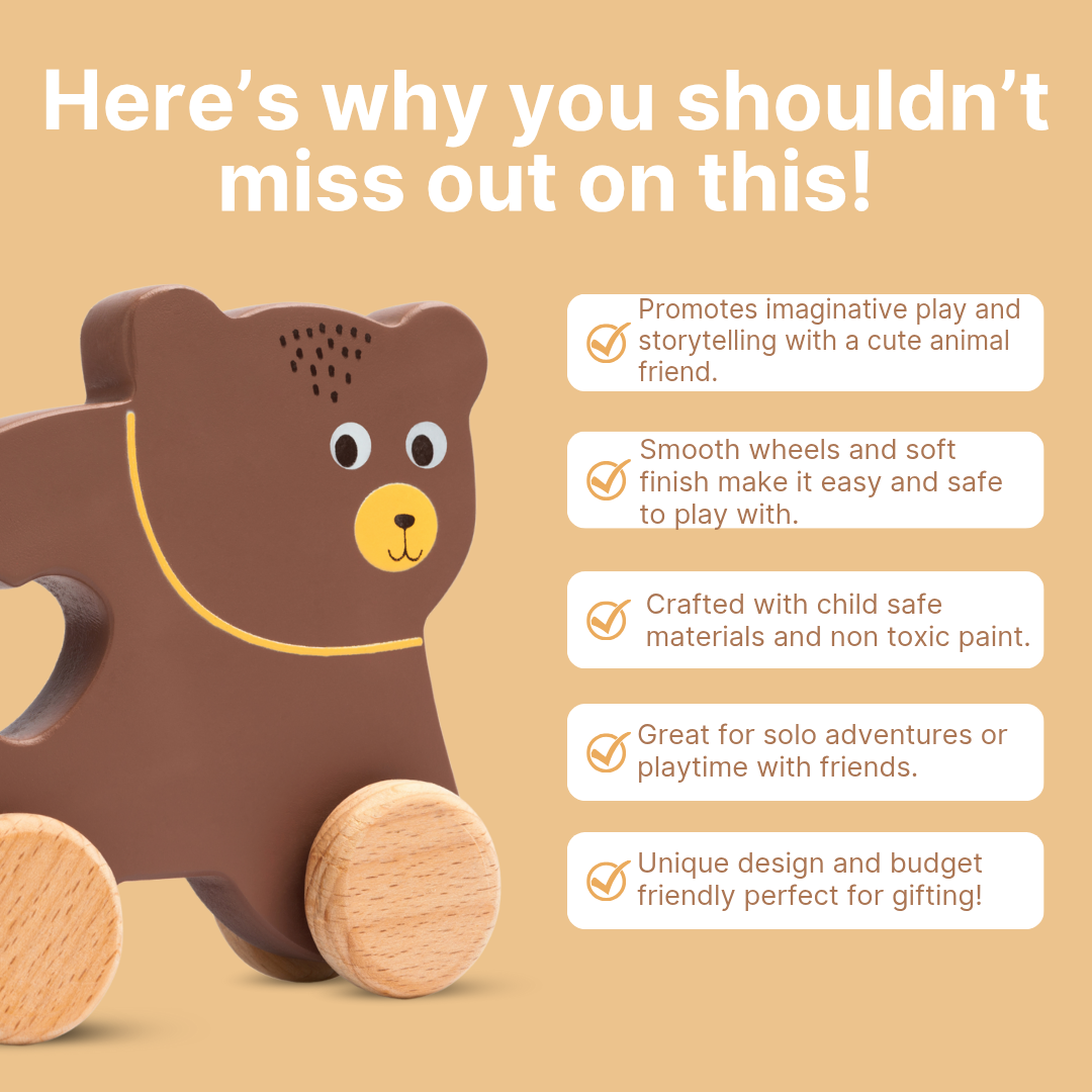 Cots and Cuddles Wooden Bear with Wheels Toy for Kids Age 1+
