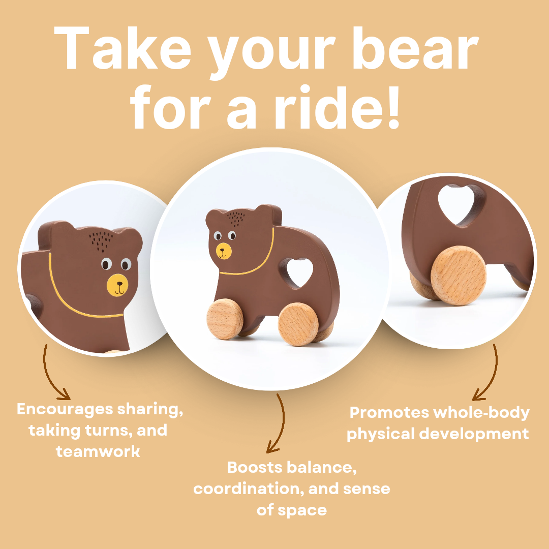 Cots and Cuddles Wooden Bear with Wheels Toy for Kids Age 1+