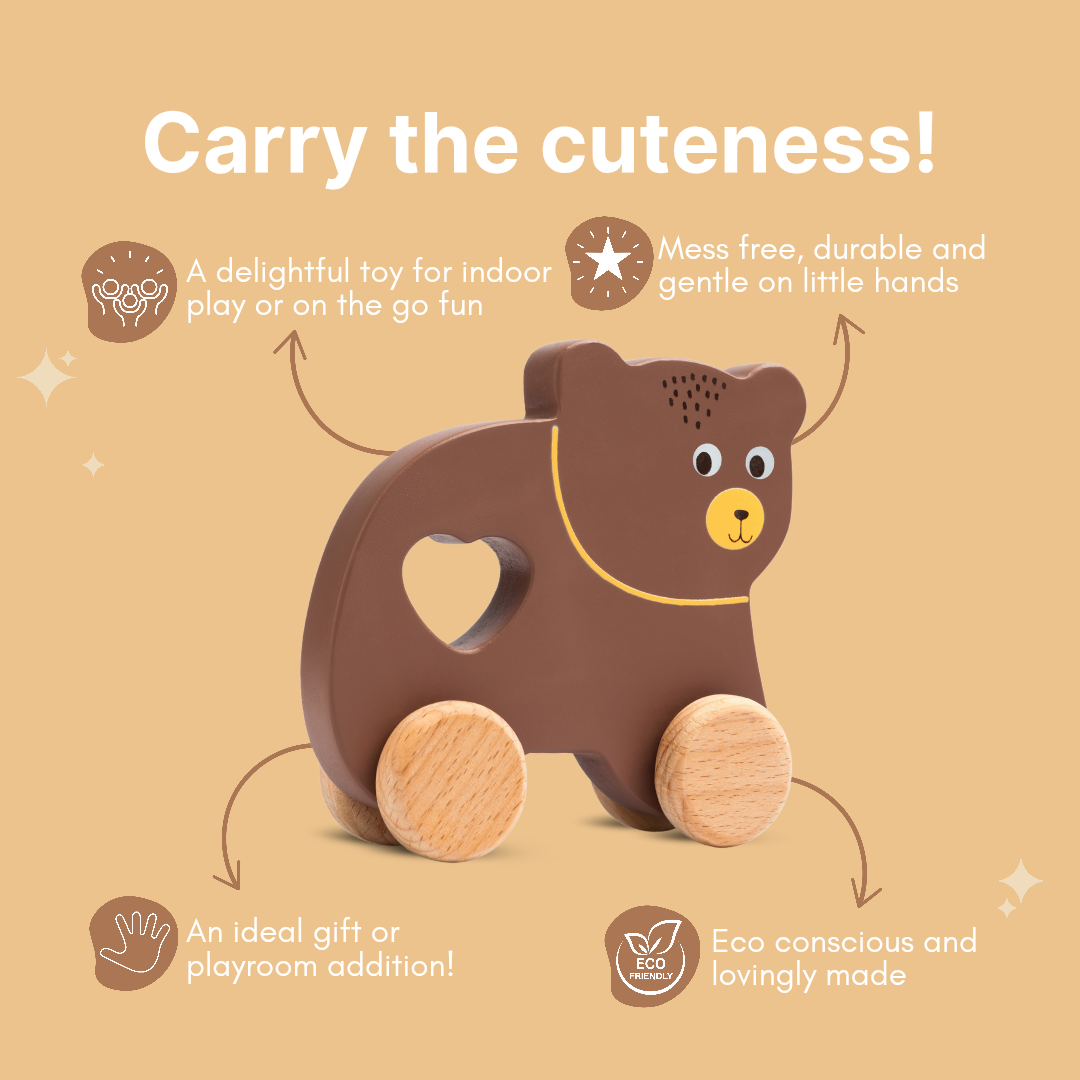 Cots and Cuddles Wooden Bear with Wheels Toy for Kids Age 1+