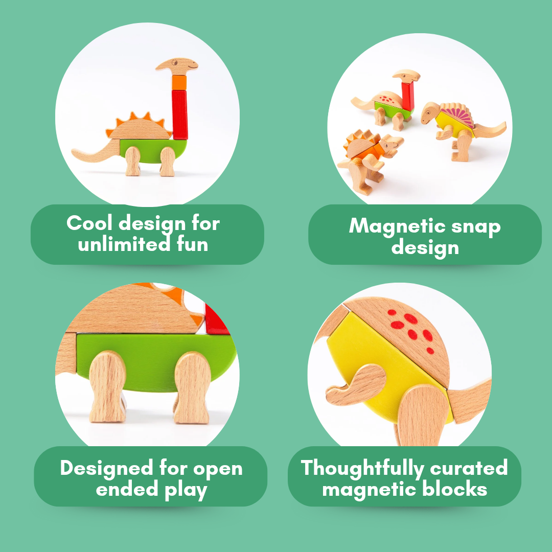 Cots and Cuddles Premium Quality Wooden Dino Magnetic Blocks 26pcs