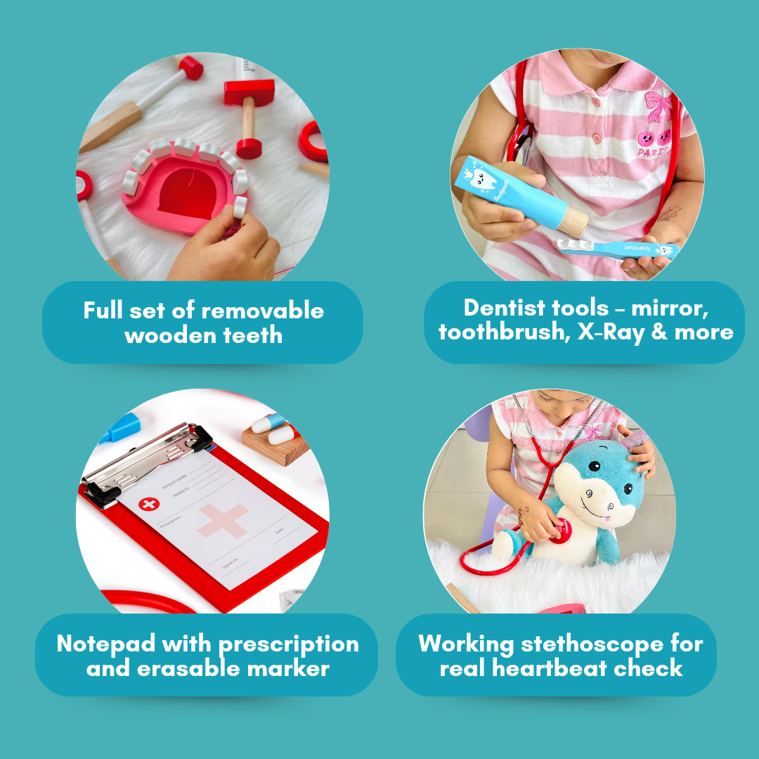 Cots and Cuddles Premium Wooden Little Doctor Dentist Pro Kit Pretend Play for Kids