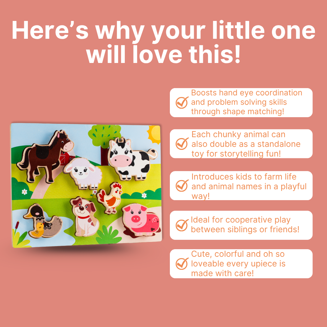 Cots and Cuddles Wooden Farm Animals Shapes Chunky Match Puzzle