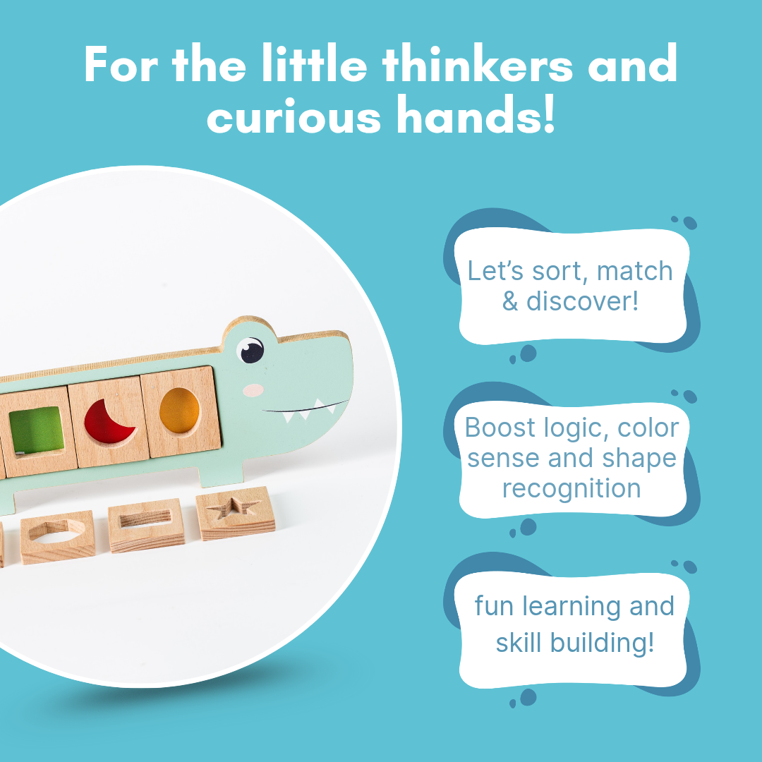 Cots and Cuddles Wooden Crocodile Snap and Learn Shapes Board for Kids