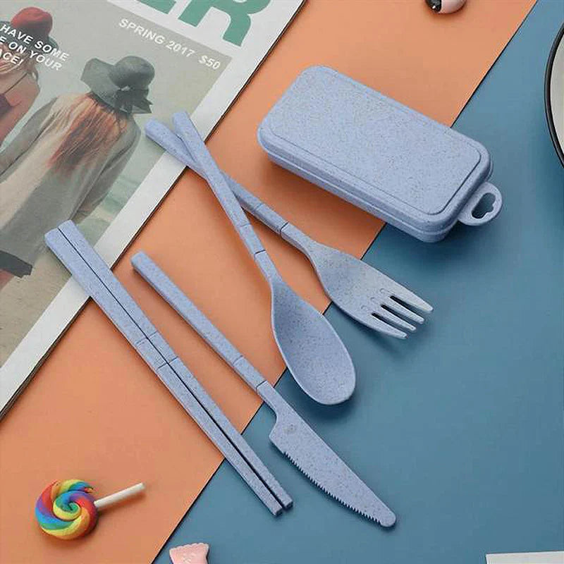 Plastic Glossy Folding Storage Box With Chopsticks, Fork, Spoon, Knife Set