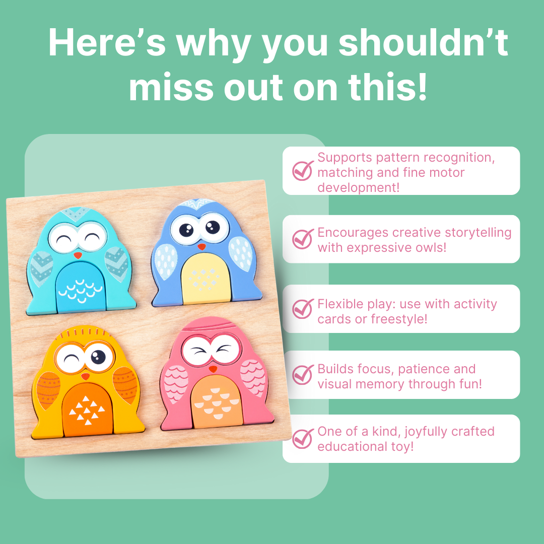 Cots and Cuddles Wooden Owl Face-Changing Puzzle with Match Cards