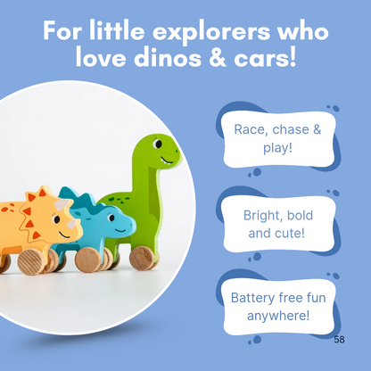 Cots and Cuddles Wooden Dino with Wheels Toy for Kids (Pack of 3)