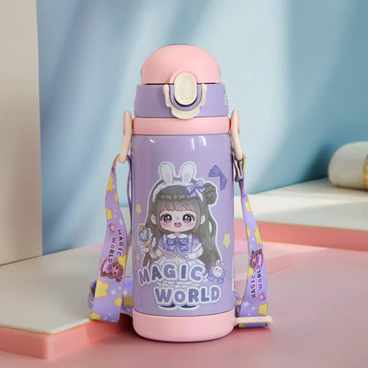 Double Cap Girl Design Stainless Steel Water Bottle - 450ml