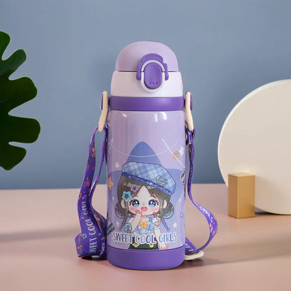 Double Cap Girl Design Stainless Steel Water Bottle - 450ml