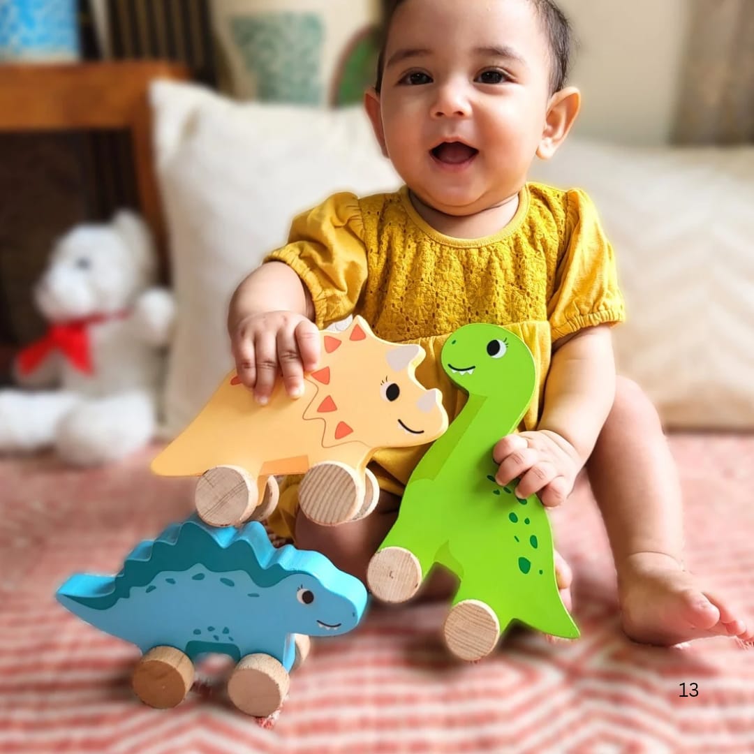 Cots and Cuddles Wooden Dino with Wheels Toy for Kids (Pack of 3)