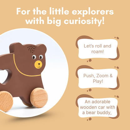 Cots and Cuddles Wooden Bear with Wheels Toy for Kids Age 1+