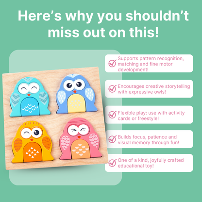 Cots and Cuddles Wooden Owl Face-Changing Puzzle with Match Cards